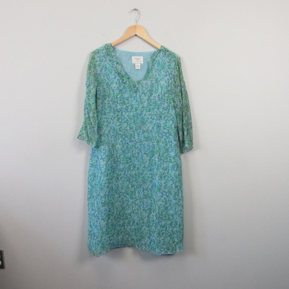 Vision Apparel 100% Silk Dress 16 Blue Ruffle V-Neck Y2K Fairycore 138